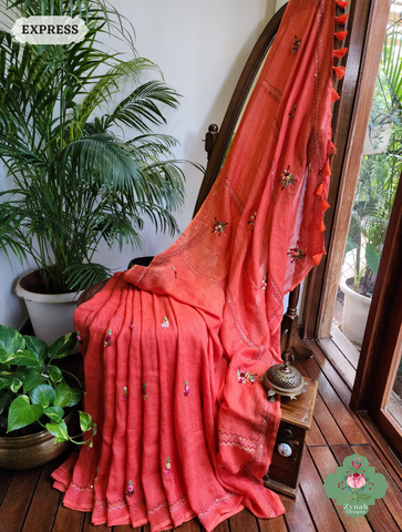 Rust Organic Linen Saree With French Knot Hand Embroidery 1