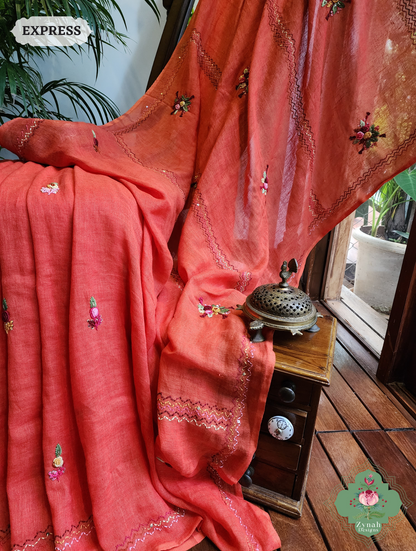 Rust Organic Linen Saree With French Knot Hand Embroidery 3