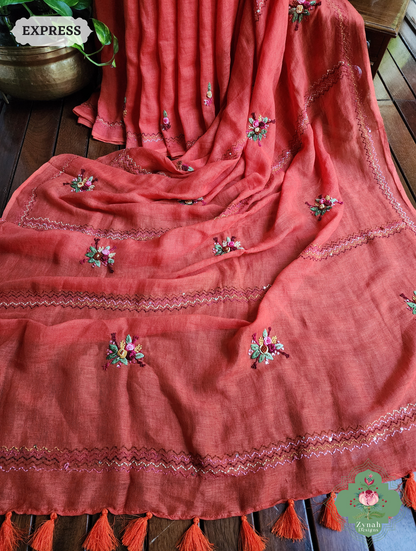 Rust Organic Linen Saree With French Knot Hand Embroidery 5