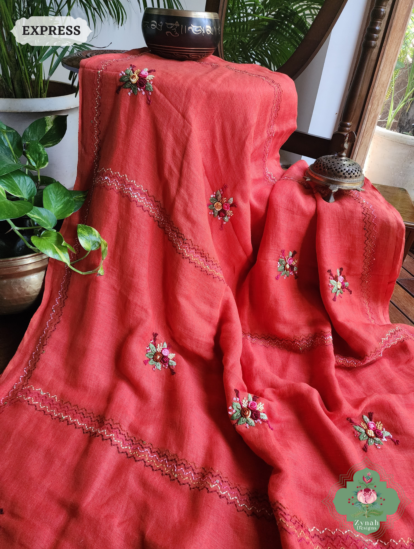 Rust Organic Linen Saree With French Knot Hand Embroidery 9