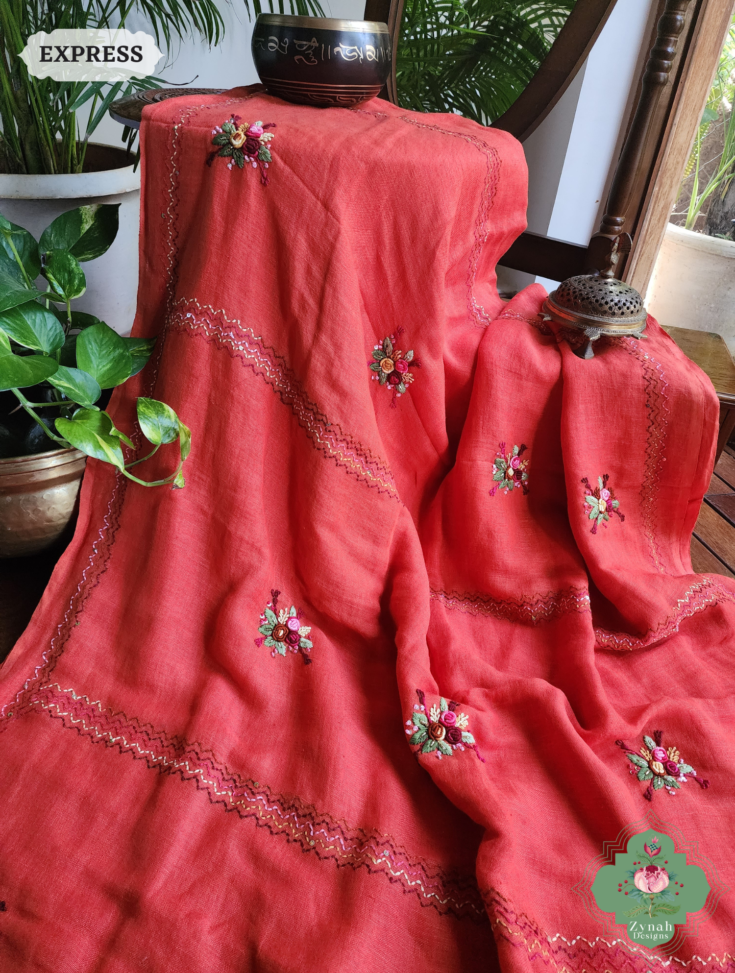 Rust Organic Linen Saree With French Knot Hand Embroidery 9