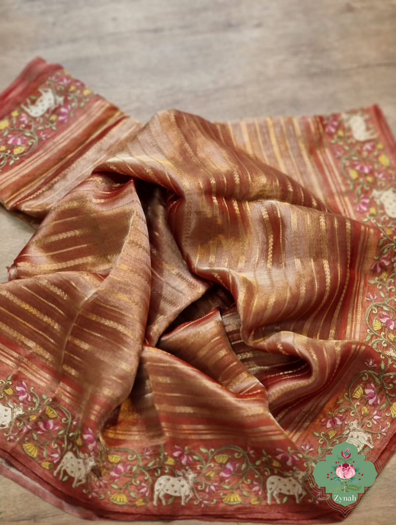 Rust Pure Silver Tissue Silk Saree With Banarasi Stripes, Katan Pallu & Pichwai Embroidery 1