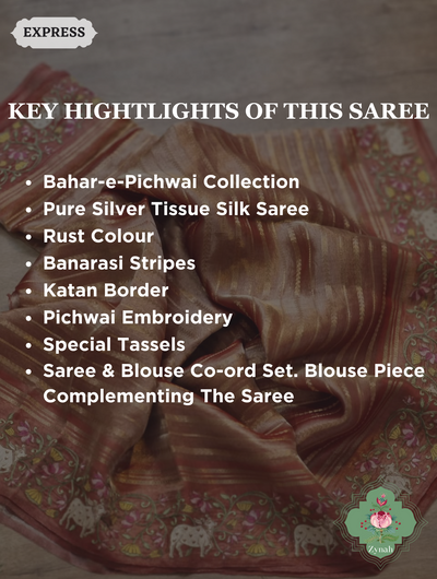 Rust Pure Silver Tissue Silk Saree With Banarasi Stripes, Katan Pallu & Pichwai Embroidery 2