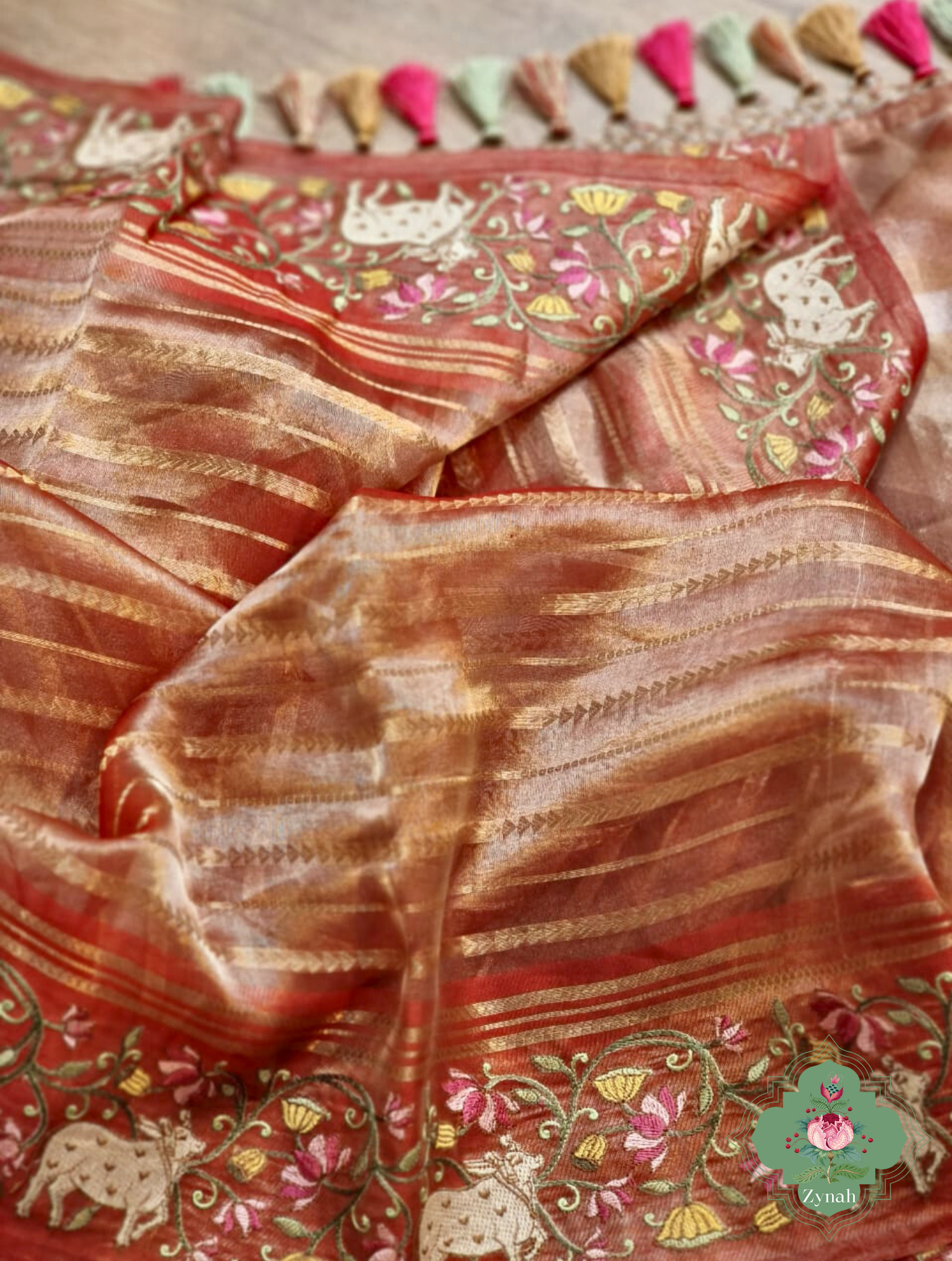 Rust Pure Silver Tissue Silk Saree With Banarasi Stripes, Katan Pallu & Pichwai Embroidery 4