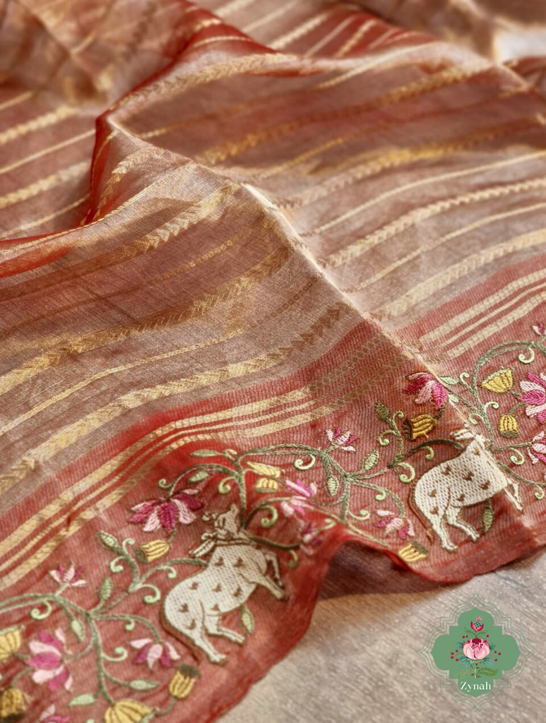Rust Pure Silver Tissue Silk Saree With Banarasi Stripes, Katan Pallu & Pichwai Embroidery 5