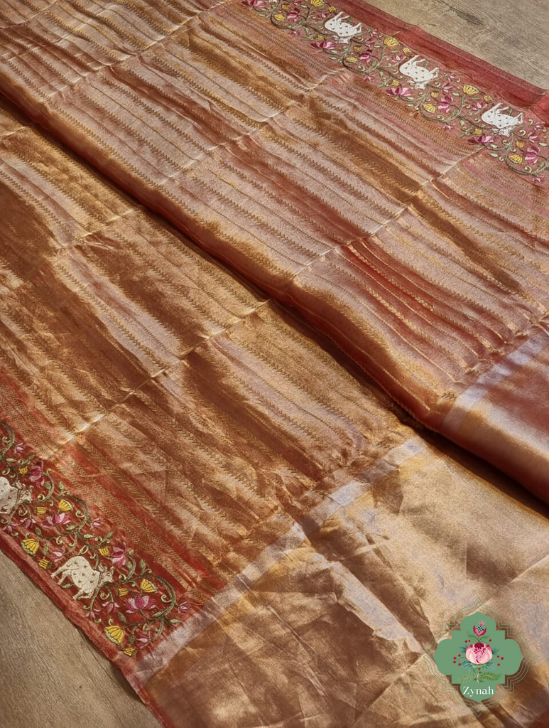 Rust Pure Silver Tissue Silk Saree With Banarasi Stripes, Katan Pallu & Pichwai Embroidery 6