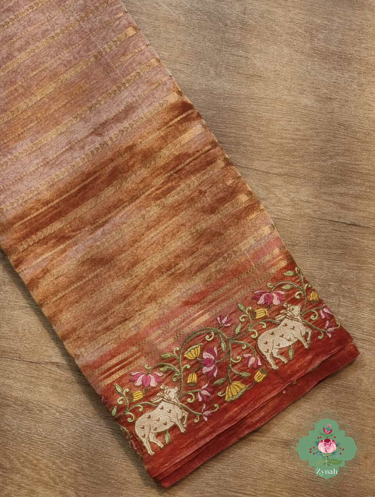 Rust Pure Silver Tissue Silk Saree With Banarasi Stripes, Katan Pallu & Pichwai Embroidery 7