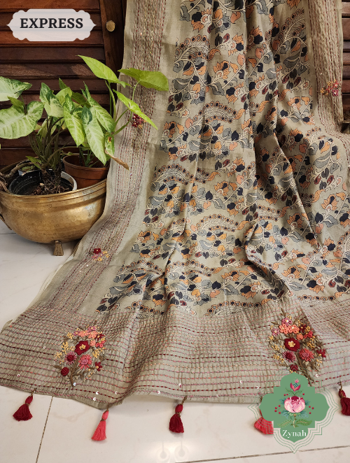 Zynah Sage Green Jute Tussar Kalamkari Saree, Frenchknot Motifs & Kantha Hand Embroidery at Pallu & Border & Sequins; Custom Stitched/Ready-made Blouse, Fall, Petticoat; SKU: 0805202306
