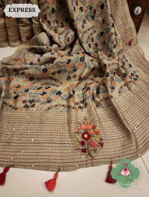 Zynah Sage Green Jute Tussar Kalamkari Saree, Frenchknot Motifs & Kantha Hand Embroidery at Pallu & Border & Sequins; Custom Stitched/Ready-made Blouse, Fall, Petticoat; SKU: 0805202306