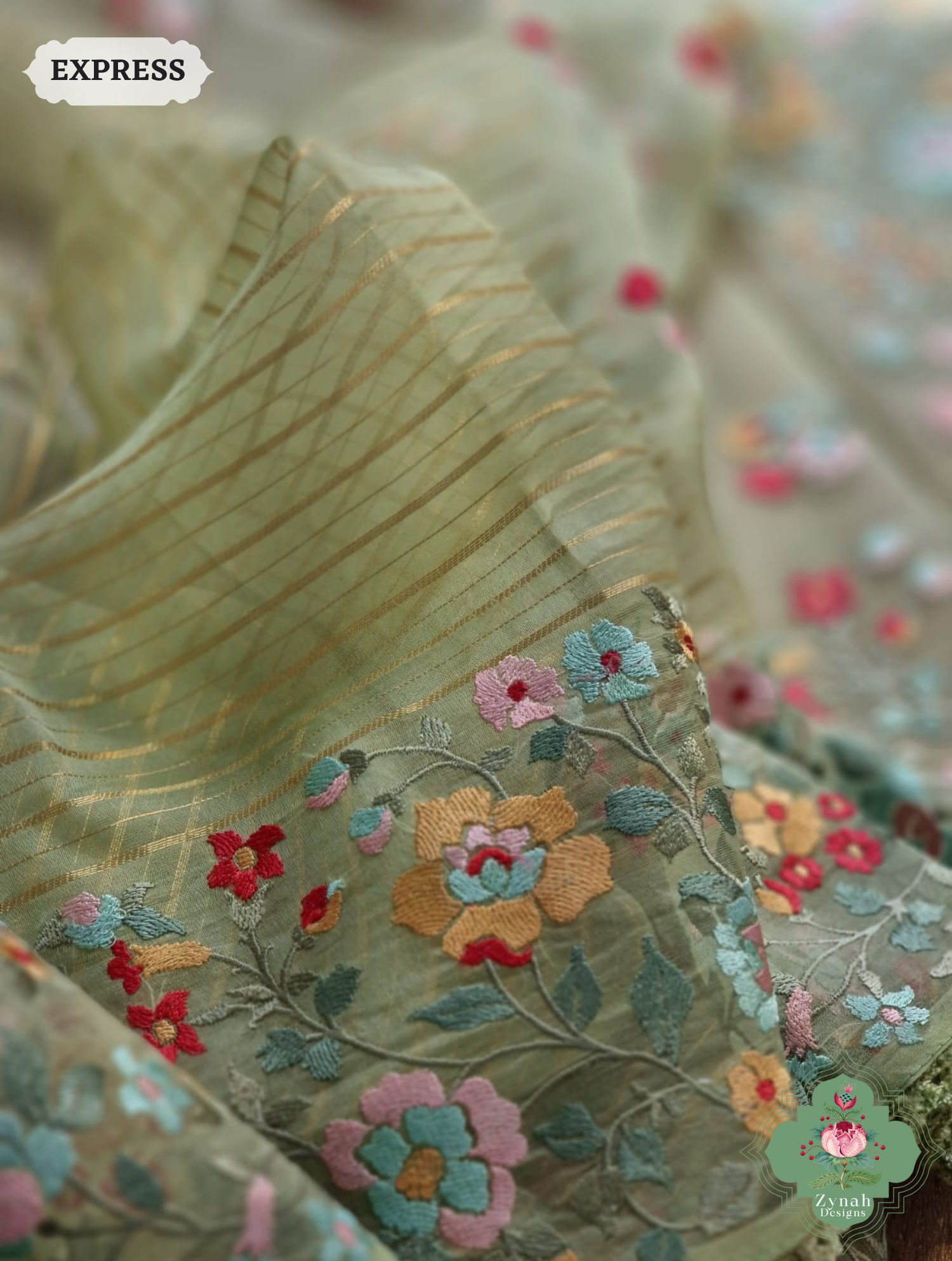 Sage Green Organza Silk Saree 3