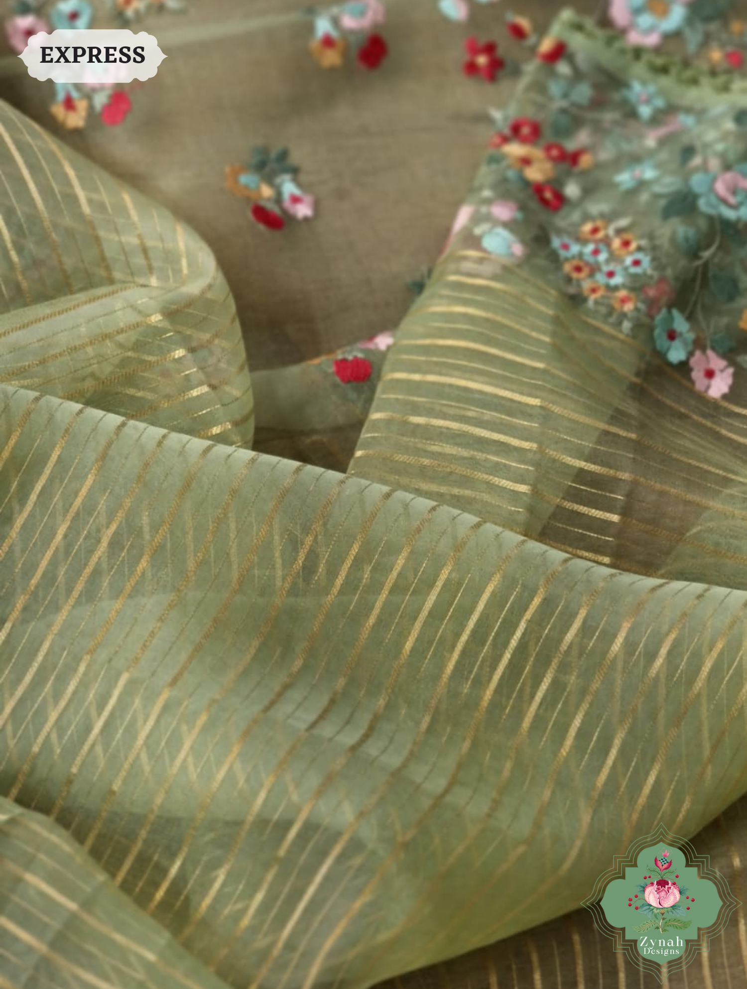 Sage Green Organza Silk Saree 5