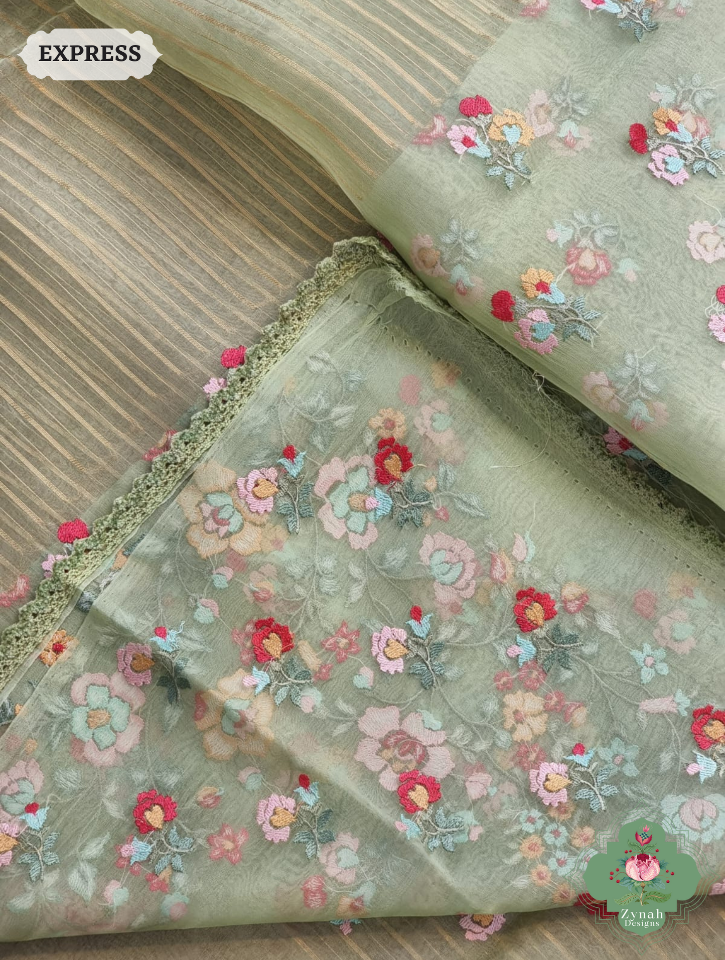 Sage Green Organza Silk Saree 9