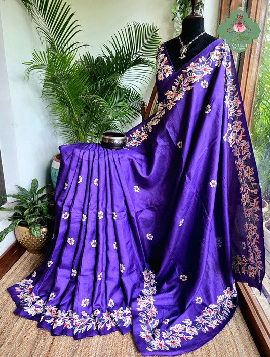 Sanober | Deep Purple Pure Tussar Silk Parsi Gara Saree With Hand Embroidery
