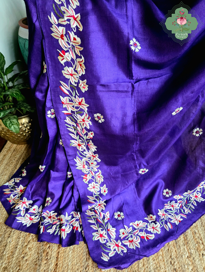 Sanober | Deep Purple Pure Tussar Silk Parsi Gara Saree With Hand Embroidery | Made To Order