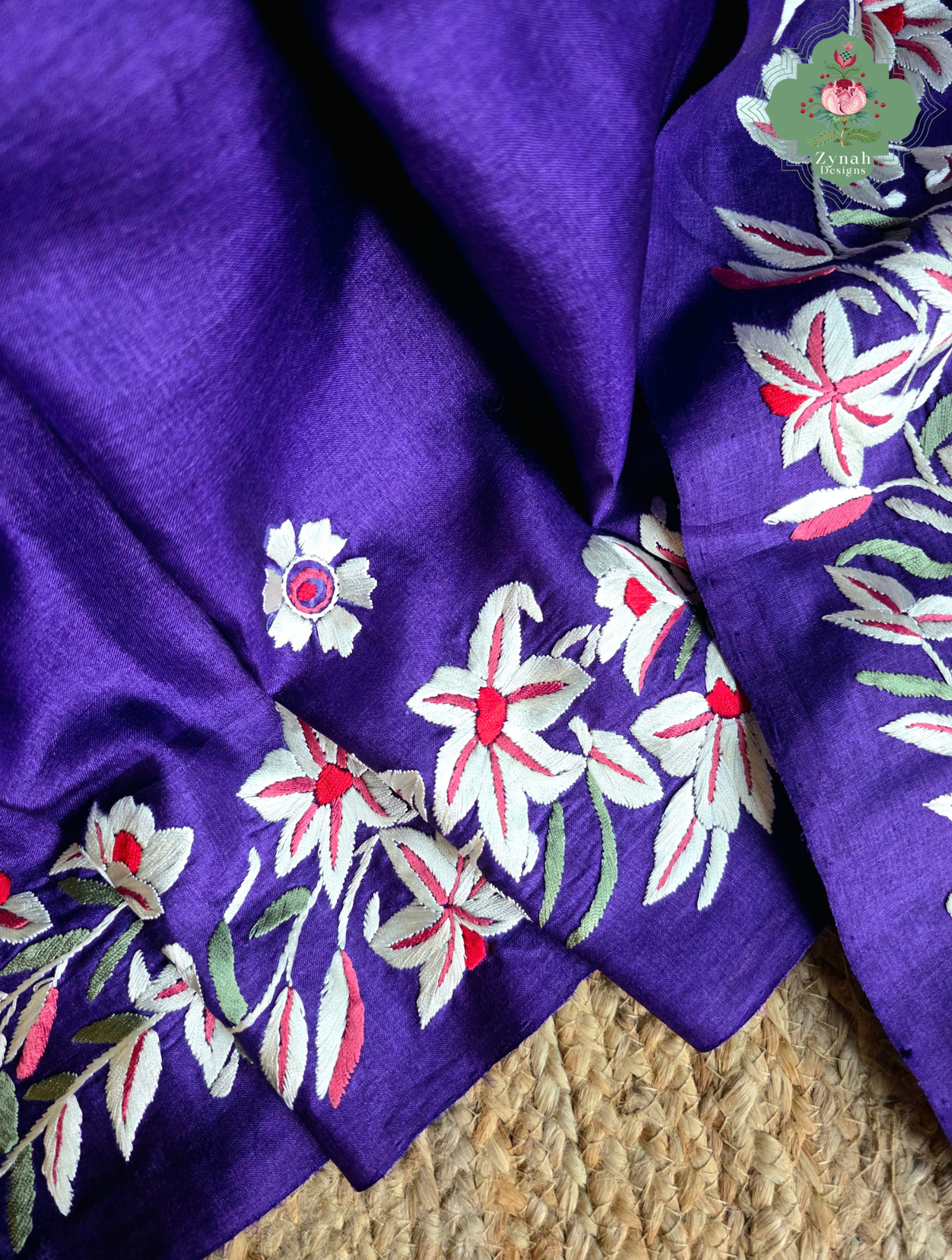 Sanober | Deep Purple Pure Tussar Silk Parsi Gara Saree With Hand Embroidery | Made To Order