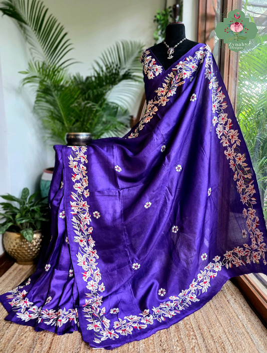 Sanober | Deep Purple Pure Tussar Silk Parsi Gara Saree With Hand Embroidery