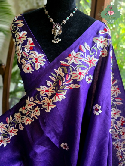 Sanober | Deep Purple Pure Tussar Silk Parsi Gara Saree With Hand Embroidery | Made To Order