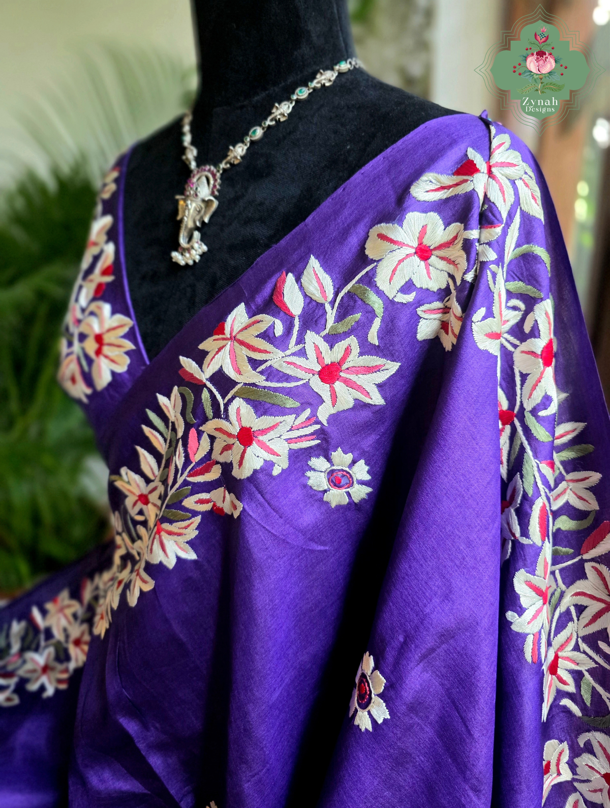 Sanober | Deep Purple Pure Tussar Silk Parsi Gara Saree With Hand Embroidery | Made To Order