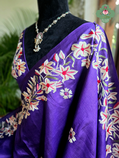 Sanober | Deep Purple Pure Tussar Silk Parsi Gara Saree With Hand Embroidery | Made To Order