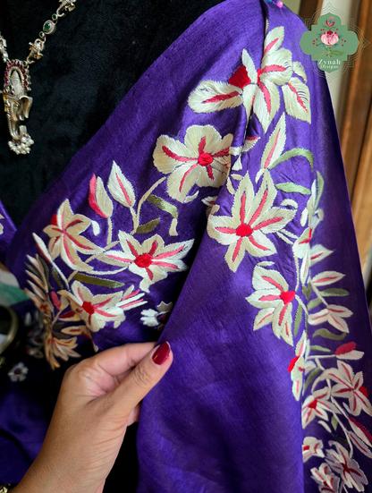 Sanober | Deep Purple Pure Tussar Silk Parsi Gara Saree With Hand Embroidery | Made To Order
