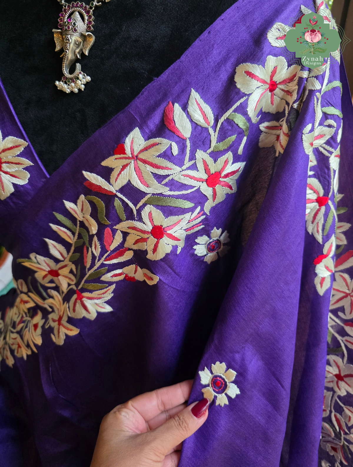 Sanober | Deep Purple Pure Tussar Silk Parsi Gara Saree With Hand Embroidery | Made To Order