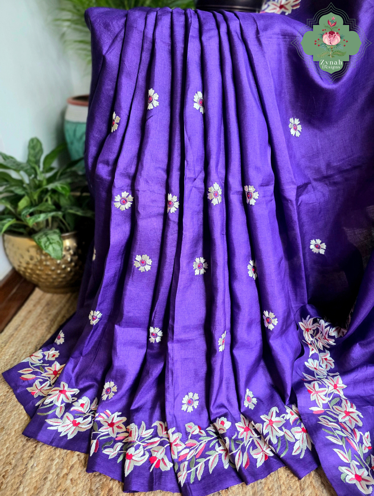 Sanober | Deep Purple Pure Tussar Silk Parsi Gara Saree With Hand Embroidery | Made To Order