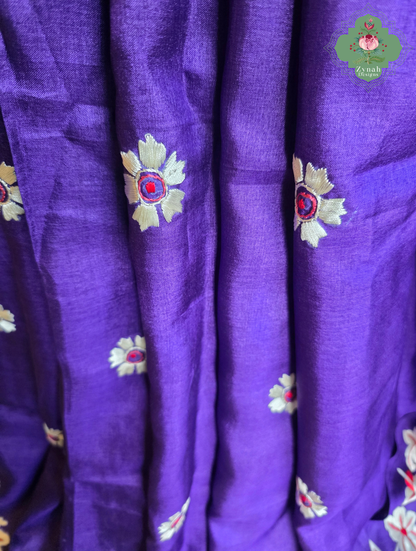 Sanober | Deep Purple Pure Tussar Silk Parsi Gara Saree With Hand Embroidery | Made To Order