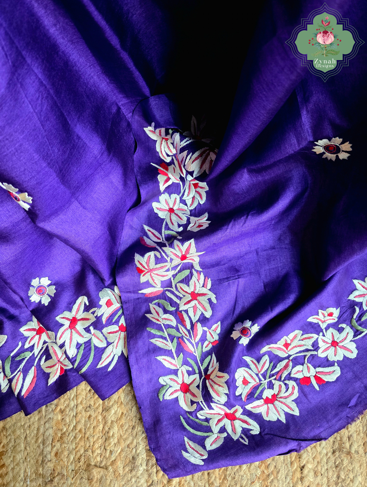 Sanober | Deep Purple Pure Tussar Silk Parsi Gara Saree With Hand Embroidery | Made To Order