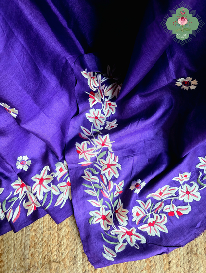 Sanober | Deep Purple Pure Tussar Silk Parsi Gara Saree With Hand Embroidery | Made To Order