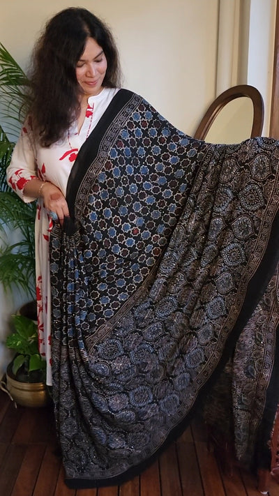 Zynah Black & Indigo Hand-Block Printed Georgette Silk Ajrakh Saree with Sequins Highlight; Custom Stitched/Ready-made Blouse, Fall, Petticoat; SKU: 1704202501