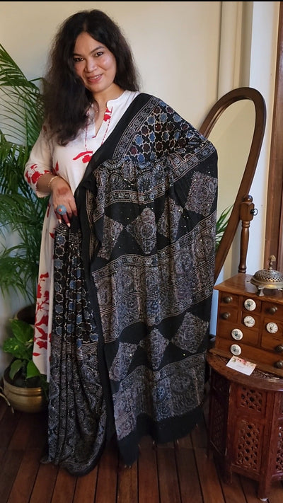 Zynah Black & Indigo Hand-Block Printed Georgette Silk Ajrakh Saree with Sequins Highlight; Custom Stitched/Ready-made Blouse, Fall, Petticoat; SKU: 1704202501