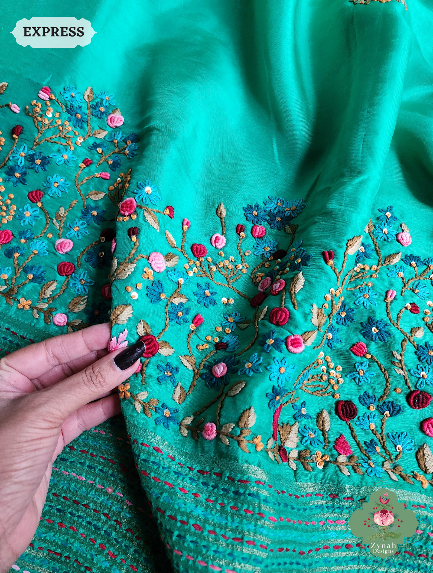 Zynah Sea Green Munga Silk Saree With Zari Border,French Knot & Kantha Hand Embroidery; Custom Stitched/Ready-made Blouse, Fall, Petticoat; SKU: 1111202402