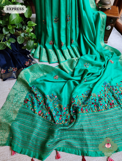 Zynah Sea Green Munga Silk Saree With Zari Border,French Knot & Kantha Hand Embroidery; Custom Stitched/Ready-made Blouse, Fall, Petticoat; SKU: 1111202402