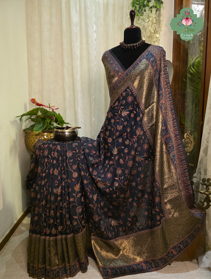 Sharika | Black & Antique Gold Kashmiri Pure Kani Silk Jamavar Weave Saree | Made To Order