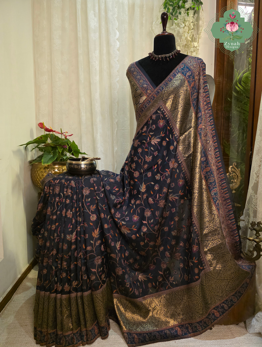 Sharika | Black & Antique Gold Kashmiri Pure Kani Silk Jamavar Weave Saree | Made To Order