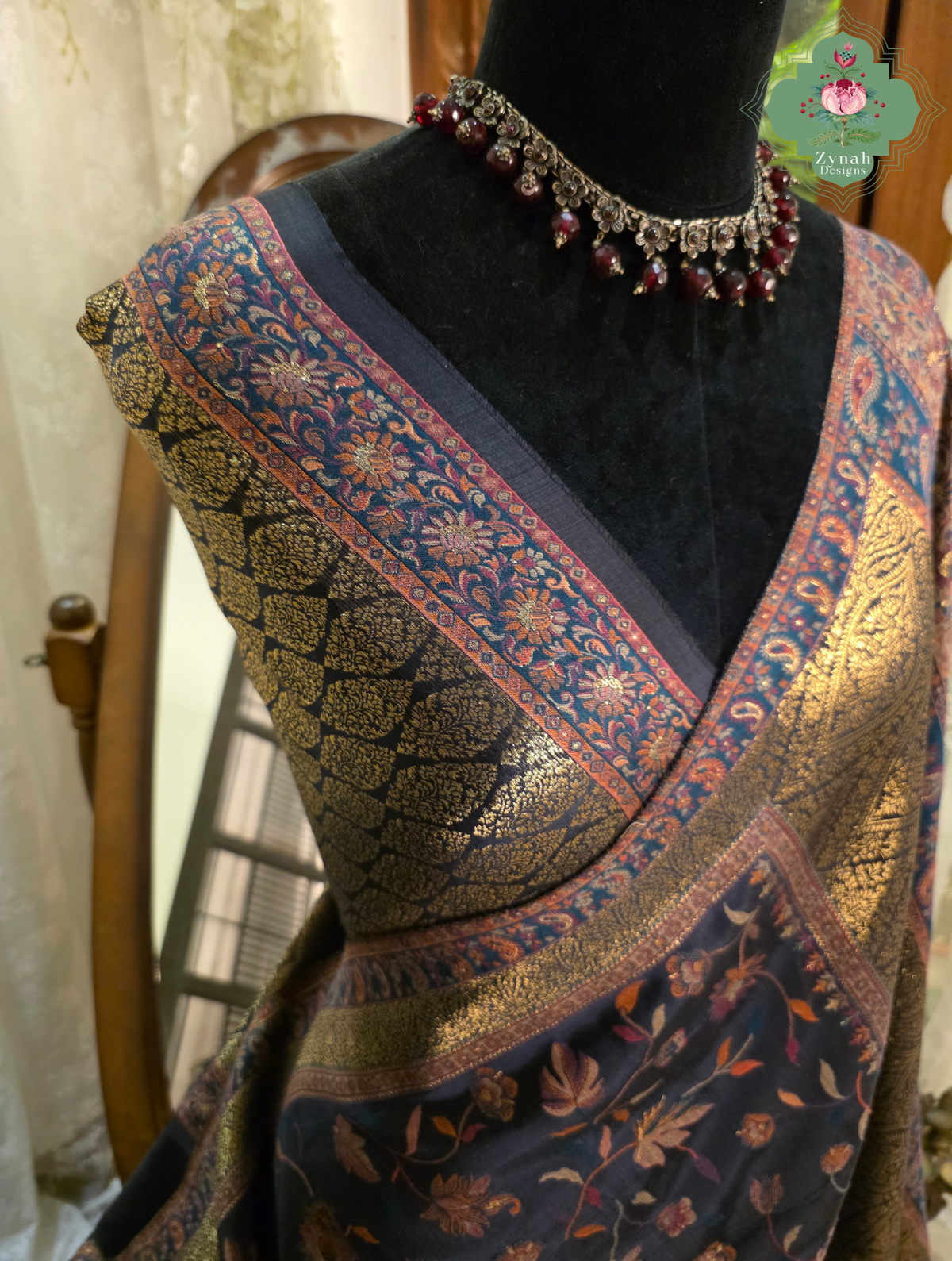 Sharika | Black & Antique Gold Kashmiri Pure Kani Silk Jamavar Weave Saree | Made To Order