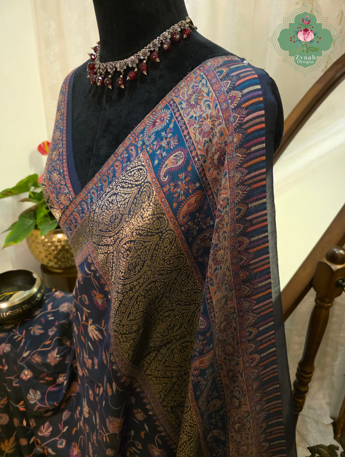 Sharika | Black & Antique Gold Kashmiri Pure Kani Silk Jamavar Weave Saree | Made To Order