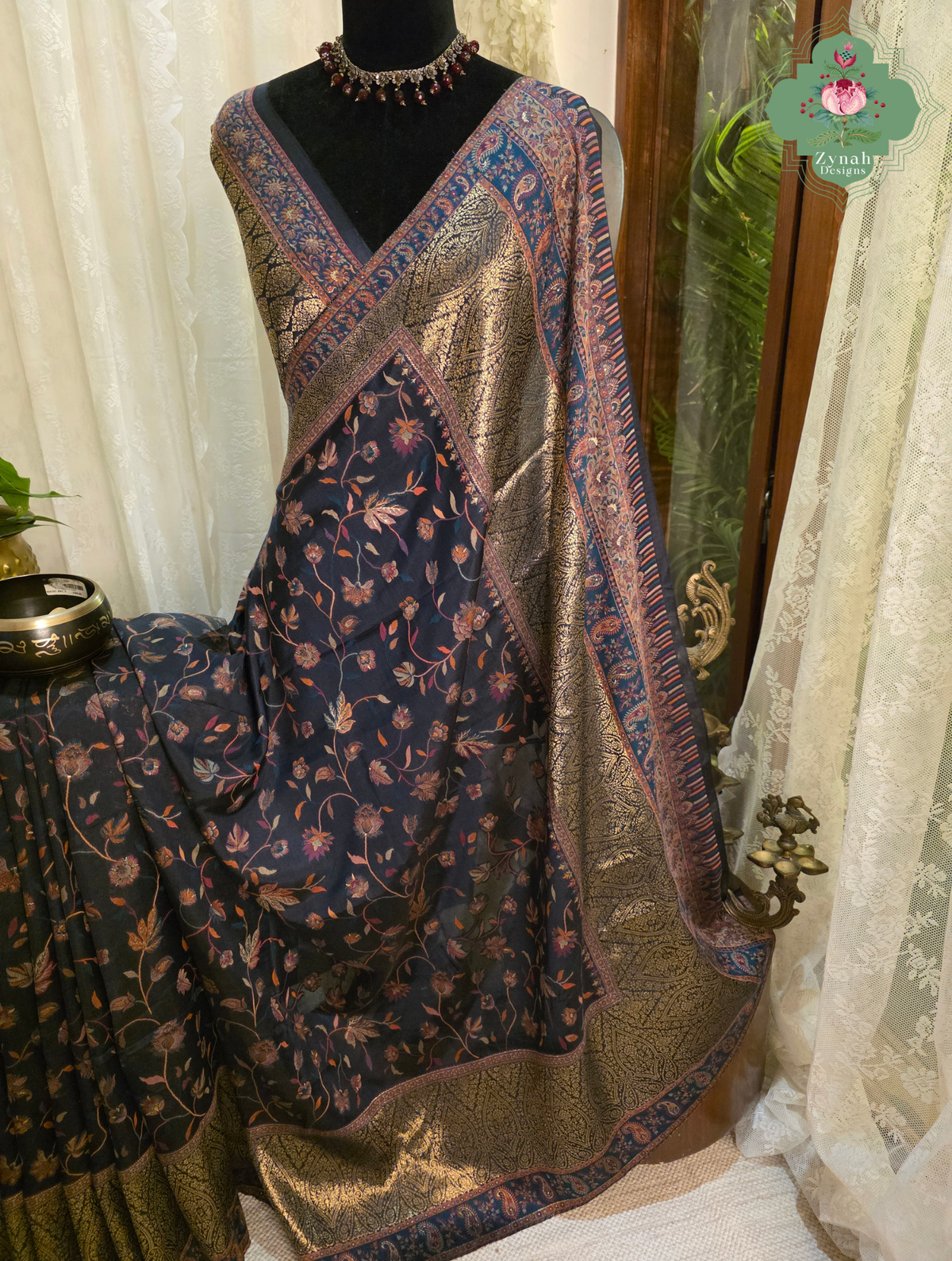 Sharika | Black & Antique Gold Kashmiri Pure Kani Silk Jamavar Weave Saree | Made To Order