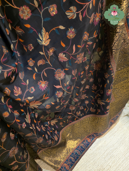 Sharika | Black & Antique Gold Kashmiri Pure Kani Silk Jamavar Weave Saree | Made To Order