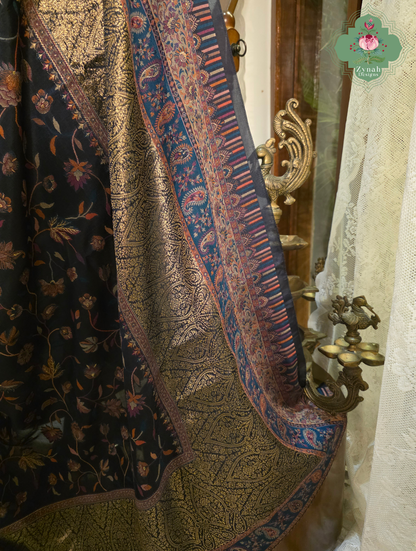 Sharika | Black & Antique Gold Kashmiri Pure Kani Silk Jamavar Weave Saree | Made To Order