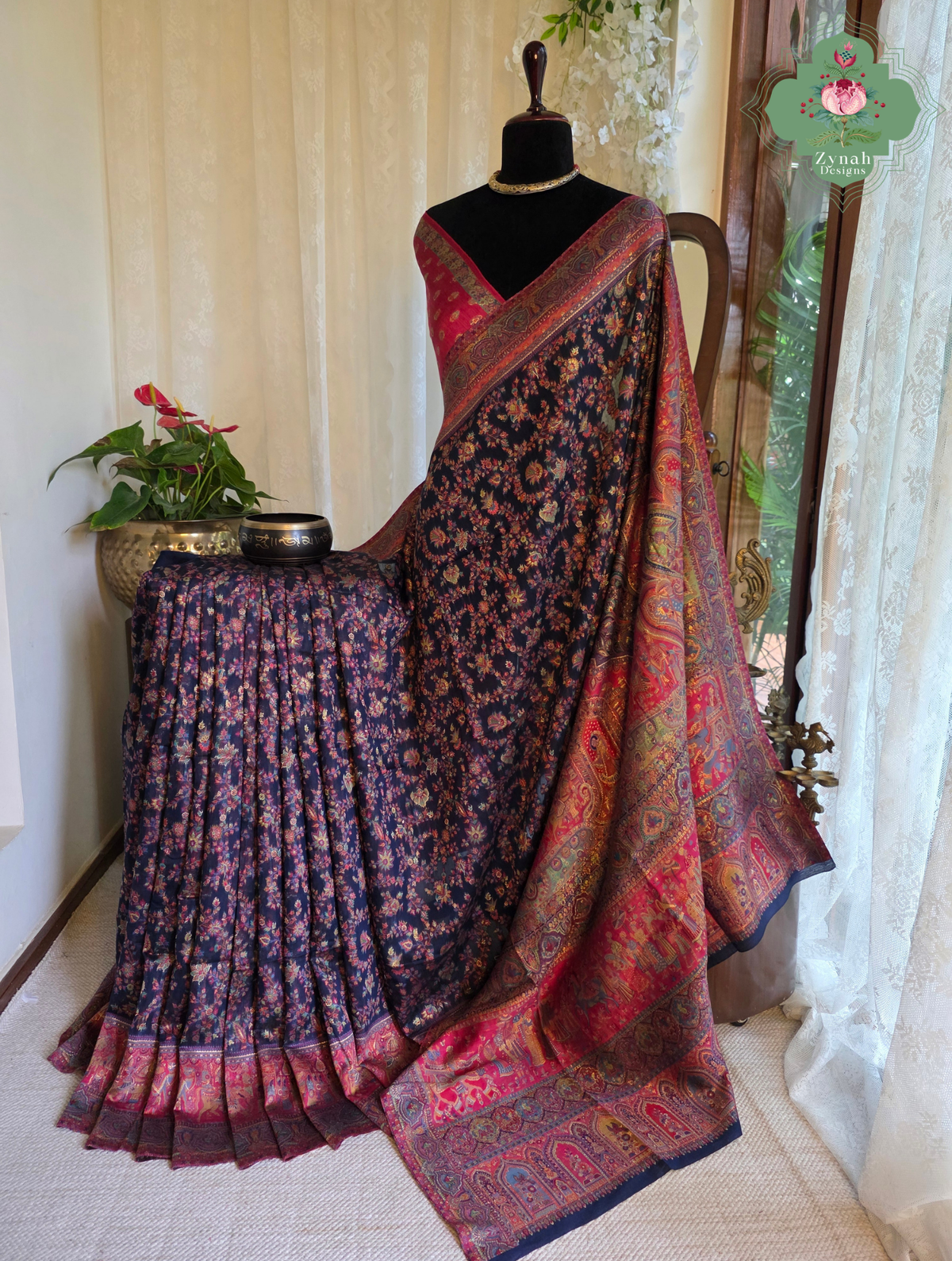 Shreya | Midnight Blue & Ruby Pink Kashmiri Pure Kani Silk Jamavar Weave Saree | Made To Order