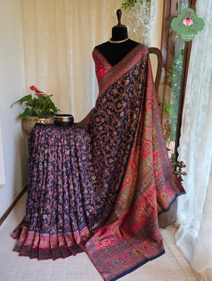 Shreya | Midnight Blue & Ruby Pink Kashmiri Pure Kani Silk Jamavar Weave Saree | Made To Order