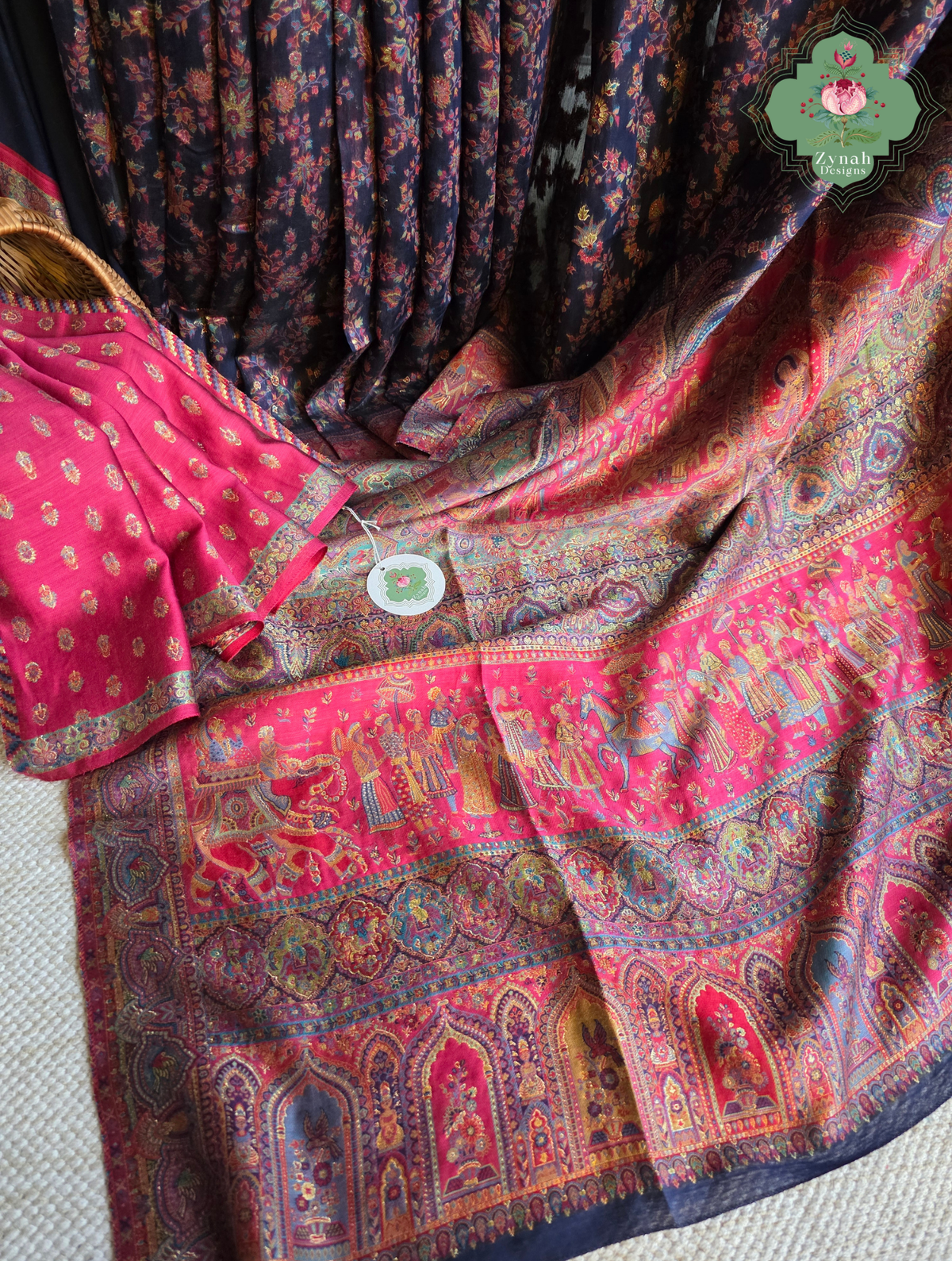 Shreya | Midnight Blue & Ruby Pink Kashmiri Pure Kani Silk Jamavar Weave Saree | Made To Order