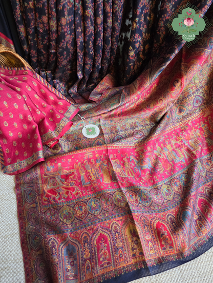 Shreya | Midnight Blue & Ruby Pink Kashmiri Pure Kani Silk Jamavar Weave Saree | Made To Order