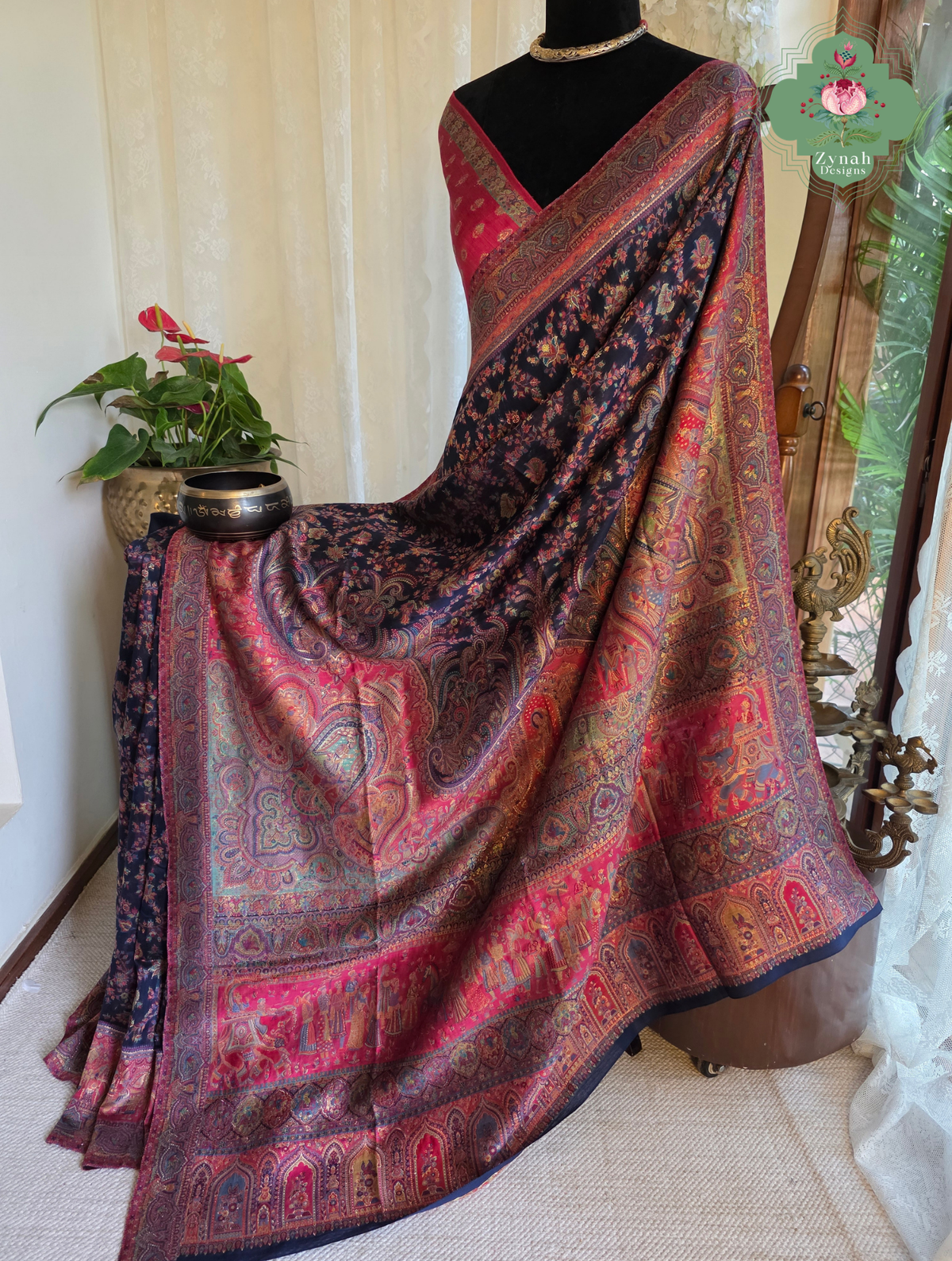 Shreya | Midnight Blue & Ruby Pink Kashmiri Pure Kani Silk Jamavar Weave Saree | Made To Order