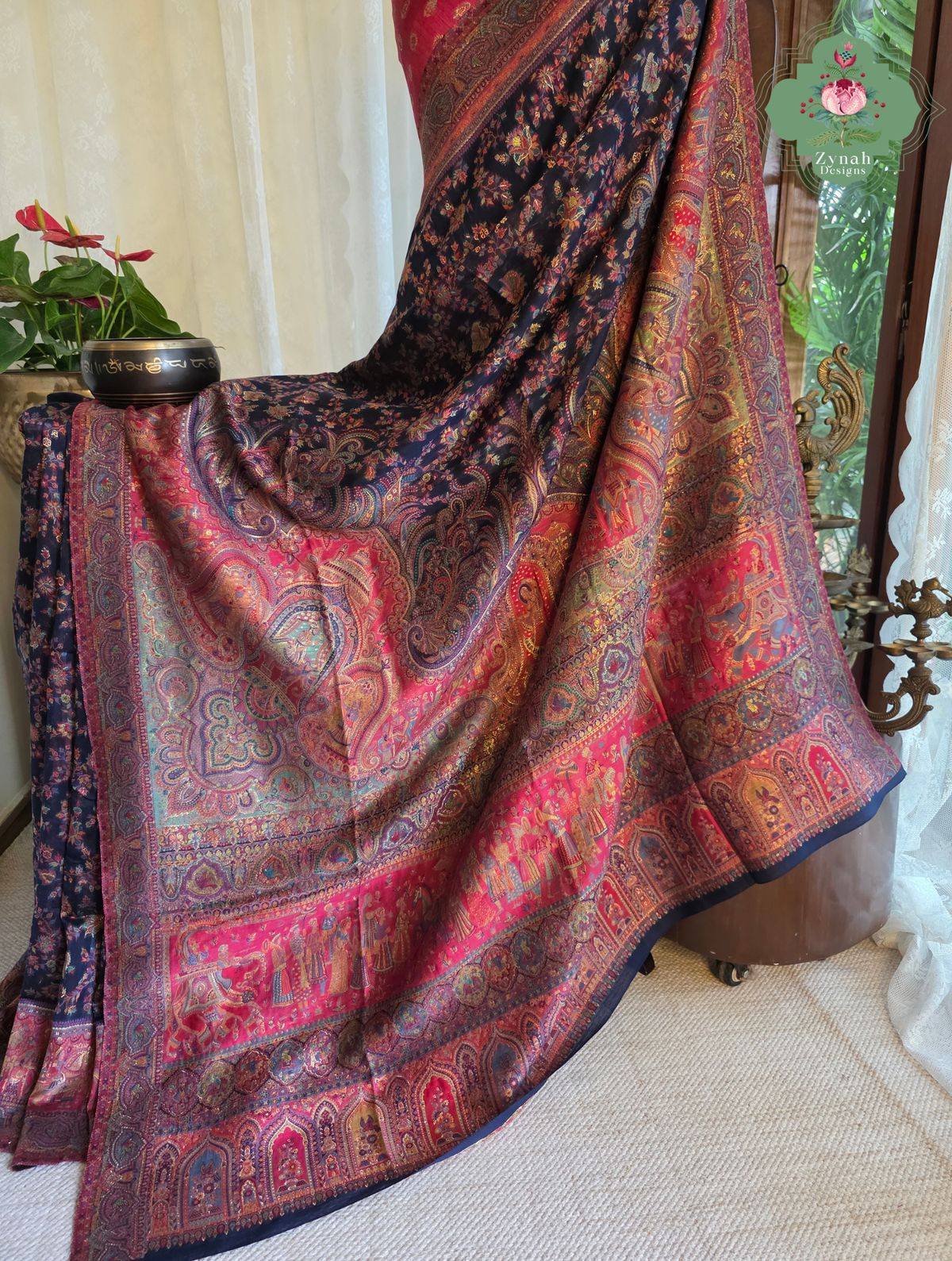 Shreya | Midnight Blue & Ruby Pink Kashmiri Pure Kani Silk Jamavar Weave Saree | Made To Order