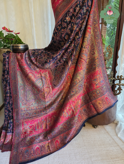 Shreya | Midnight Blue & Ruby Pink Kashmiri Pure Kani Silk Jamavar Weave Saree | Made To Order
