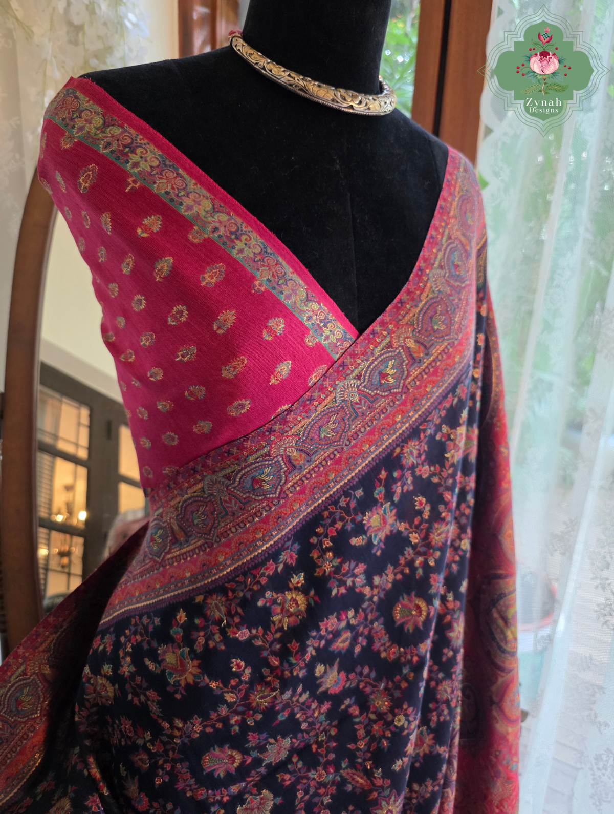 Shreya | Midnight Blue & Ruby Pink Kashmiri Pure Kani Silk Jamavar Weave Saree | Made To Order