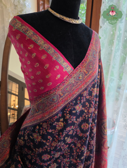 Shreya | Midnight Blue & Ruby Pink Kashmiri Pure Kani Silk Jamavar Weave Saree | Made To Order
