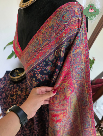 Shreya | Midnight Blue & Ruby Pink Kashmiri Pure Kani Silk Jamavar Weave Saree | Made To Order